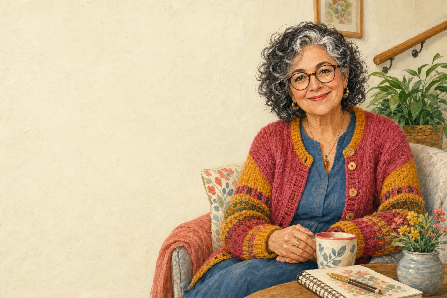 An illustrated friendly older woman sitting at home, ready to help