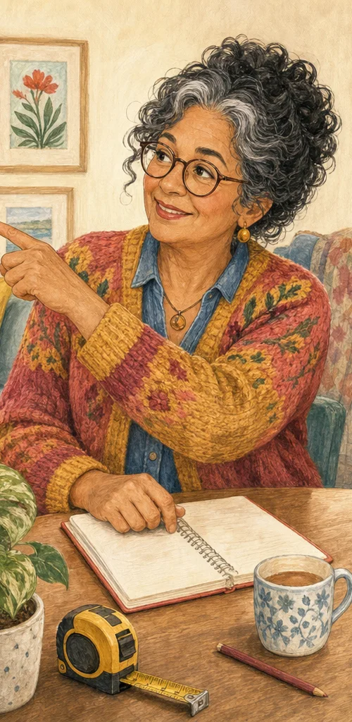 An illustrated friendly older woman offering practical guidance