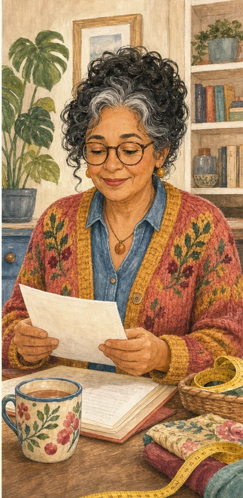 An illustrated friendly older woman offering practical guidance