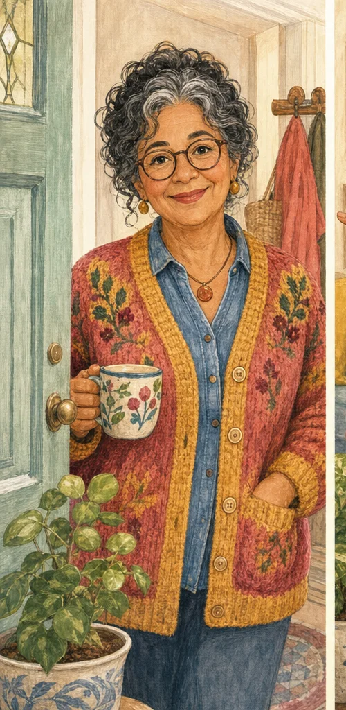 An illustrated friendly older woman offering practical guidance